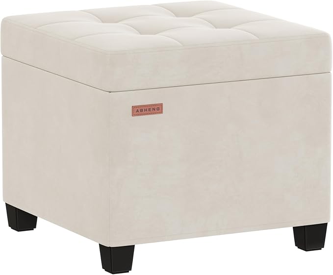 ABHENG 17.7 inches Velvet turfed Ottomans Cube with Storage, Metal-Framed Square Linen Storage Ottoman Foot Rest Stool Holds 770 LB for Dorm Living Room Bedroom White UASND64W