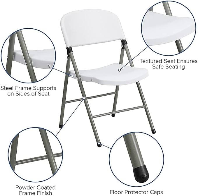 Flash Furniture HERCULES Series White Plastic Folding Chairs | Set of 2 Lightweight Folding Chairs with Gray Frame