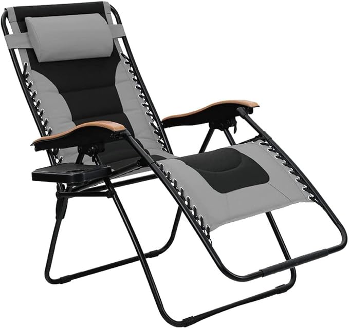 PHI VILLA XXL Oversized Padded Zero Gravity Chair, Foldable Patio Recliner, 30" Wide Seat Anti Gravity Lounger with Cup Holder, Support 400 LBS (Gray)