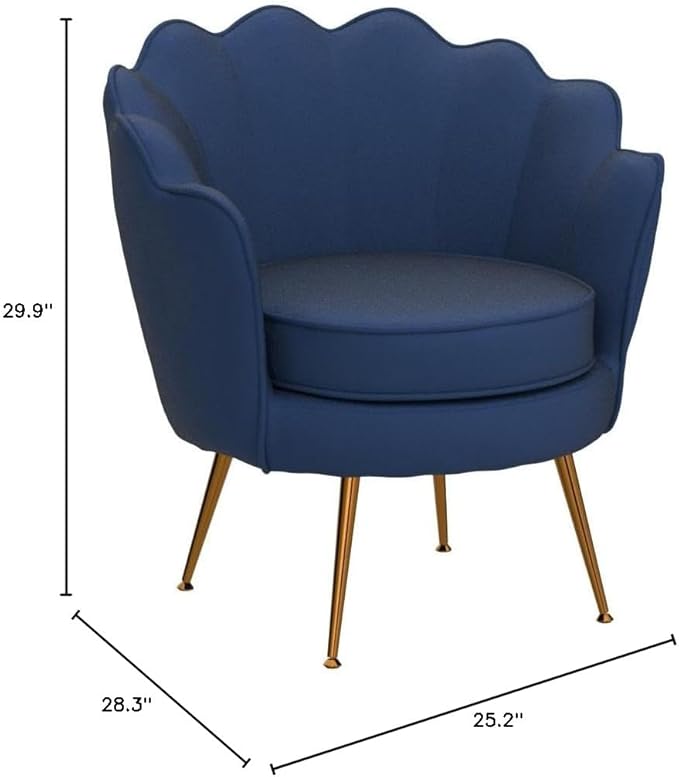 Container Furniture Direct Velvet Barrel Accent Chair with Scalloped Silhouette and Gold Metal Legs, Decorative Piece Suitable for Traditional, Modern, and Contemporary Spaces, Navy Blue