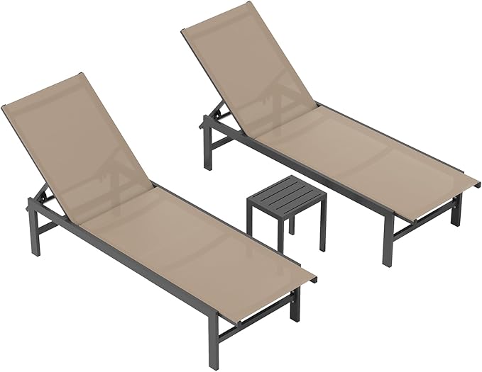 Chaise Lounge Chair for Pool, Aluminum Outdoor Lounge Chairs with 5-Position Recliner, Patio Lounge Chair for Backyard, Poolside, Lawn (Khaki)