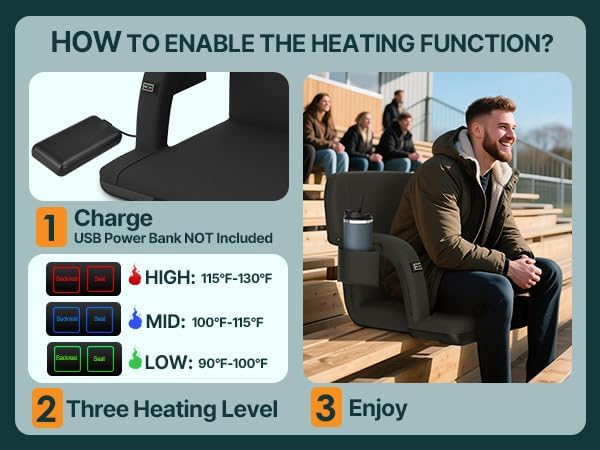 HOPERAN 23" 2pcs Dual-Sided Heated Stadium Seats for Bleachers with Back Support, 3 Levels Heating Stadium Seating for Bleachers Seat with Backrest, 5 Pockets Portable Stadium Chair for Outdoor