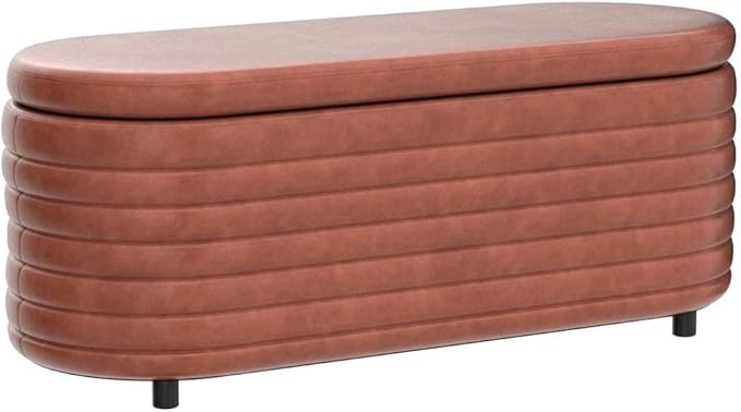 Storage Ottoman Bench Upholstered PU Leather End of Bed Stool with Safety Hinge for Bedroom, Living Room, Entryway (45.5-inch, Brown)
