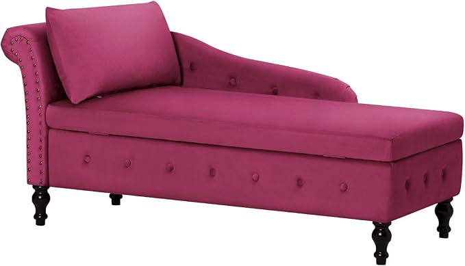 ACMEASE Velvet Chaise Lounge with Left Armrest & Storage Space,Button Tufted Lounge Chair w/Lumbar Pillow,Modern Upholstered Lounge Chair for Bedroom, Living Room and Office, Fuchsia