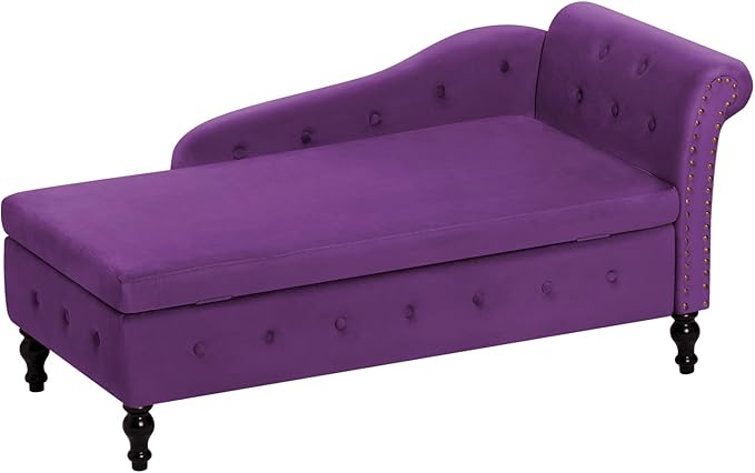 ACMEASE Upholstered Chaise Lounge with Right Armrest & Lumbar Pillow,Button Tufted Lounge Sofa with Storage,Lounge Chair Indoor,Modern Velvet Lounge Chair for Bedroom, Living Room and Office,Purpel