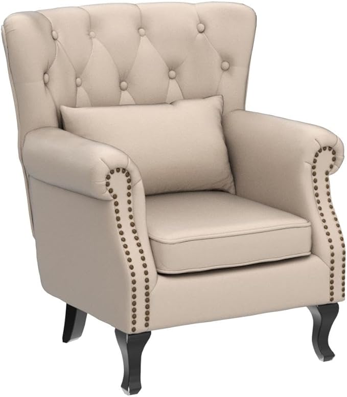 Janoray Mid Century Modern Accent Chair Upholstered Armchair Comfy Linen Fabric Single Sofa with Tufted Wingback for Small Spaces Bedroom Living Room, Beige