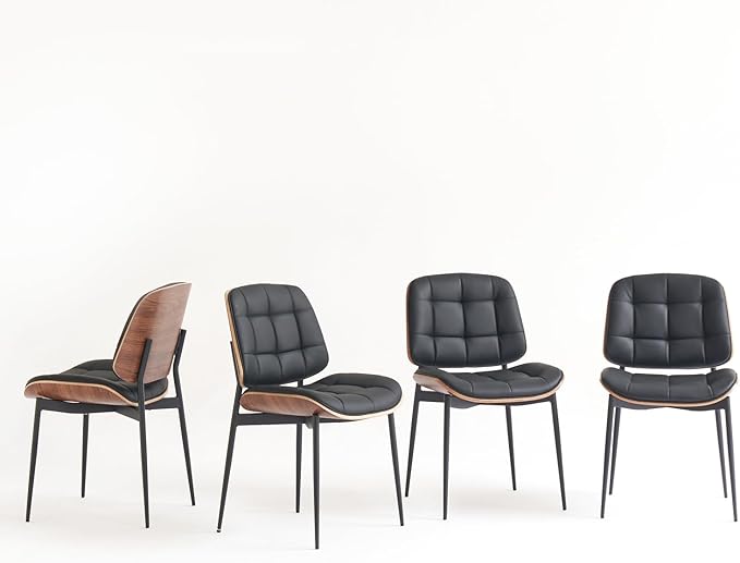 Mid Century Modern Dining Chairs with Walnut Grain Back, Black Faux Leather Dining Room Chairs Set of 4, Checkered Soft Cushion Kitchen Chairs with Adjustable Foot Pads