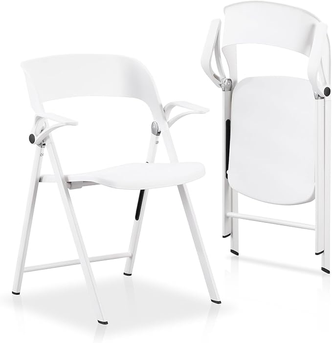 KAIHAOWIN 2 Pack Plastic Folding Chair with Armrest, Heavy Duty Foldable Chairs with Steel Frame Commercial Stackable Guest Chairs for Indoor and Outdoor-White