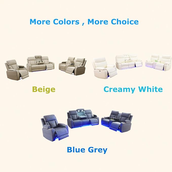 Toseslo Power Leather Sofa and 2 Chairs Set, Recliner Sofa Set with LED Light, Living Room Furniture Sets, Modern Power Reclining Sets with Cup Holder/Storage Console for House, Vanilla White