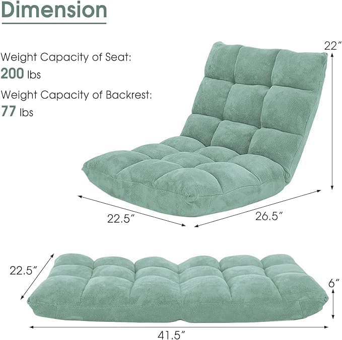 KOMFOTT 14-Position Adjustable Floor Chair with Back Support, Folding Padded Gaming Sofa for Reading, Meditation, Living Room Lazy Lounge, Video Gaming, Green