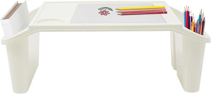 12-Pack Kids Lap Desks, Plastic Lap Tray with Rounded Edges, Stackable Kindergarten Children's Tray with Side Pockets, Portable Bed Table for Reading Dining, Preschool Daycare Home, No Assembly, White