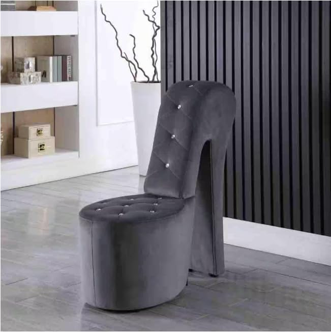 First of a Kind 19" Modern Shoe Chair - Crystal Studded Velvet High Heel Chair with Medium Firm Comfort - Luxurious Decor Addition for Bedroom, Living Room & Studio, (Grey)