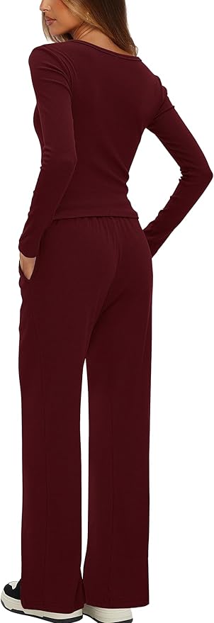 Darong Womens 2 Piece Matching Lounge Sets 2026 Long Sleeve Henley Shirts Wide Leg Pants Airport Travel Outfits