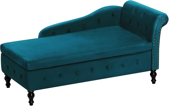 ACMEASE Upholstered Chaise Lounge with Right Armrest & Lumbar Pillow,Button Tufted Lounge Sofa with Storage,Lounge Chair Indoor,Modern Velvet Lounge Chair for Bedroom, Living Room and Office,Teal