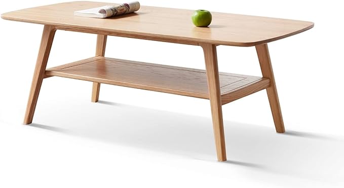 Hymus Wood Coffee Table - 100% Solid Wood- 2-Tier Coffee Table with Storage for Living Room, Eco-Friendly Finish, Easy Assembly (Natural, 31.49" D x 19.68" W x 17.32" H)