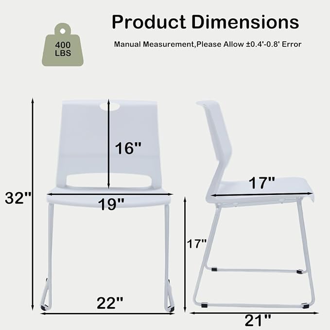 White Stacking Chairs Set of 4, Modern Stackable Office Chairs with Wide Plastic Seat & Metal Sled Base for Waiting Room Break Room Conference Church Banquet Lobby