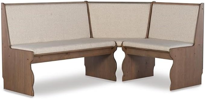 Riverbay Furniture Patio Conversation Indoor 3 Piece Kitchen Breakfast Corner Table Booth Bench Natural Fabric Upholstered Dining Nook Set in Brown