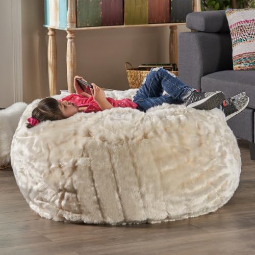 3 Foot Faux Fur Bean Bag Chair, Large White Bean Bag for Adults & Kids, 300 lb Capacity Plush Lounger for Living Room, Bedroom, Game Room, Removable Cover