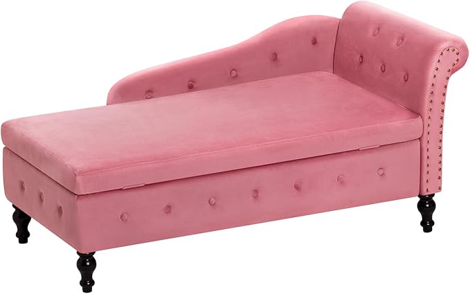 ACMEASE Upholstered Chaise Lounge with Right Armrest & Lumbar Pillow,Button Tufted Lounge Sofa with Storage,Lounge Chair Indoor,Modern Velvet Lounge Chair for Bedroom, Living Room and Office,Pink