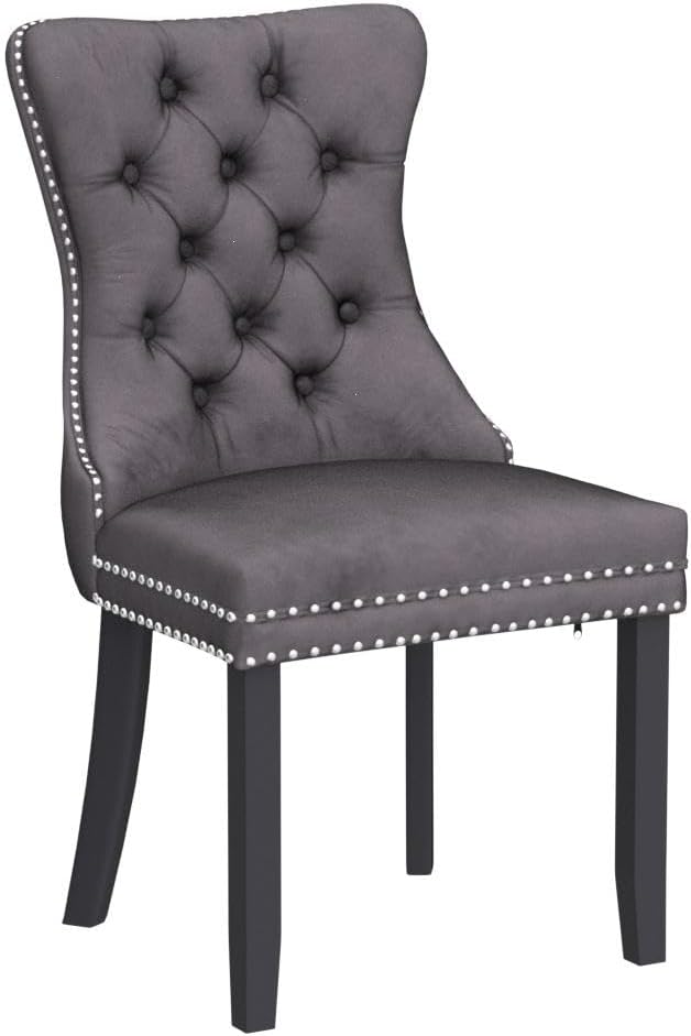 Kiztir Velvet Dining Chairs Set of 4, Upholstered Dining Chairs with Ring Pull Trim and Button Back, Luxury Tufted Dining Chair for Living Room, Bedroom, Kitchen (Gray)