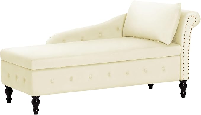 ACMEASE Upholstered Chaise Lounge with Right Armrest & Lumbar Pillow,Button Tufted Lounge Sofa with Storage,Lounge Chair Indoor,Modern Velvet Lounge Chair for Bedroom, Living Room and Office,Beige