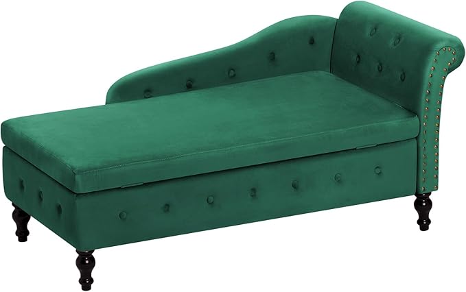 ACMEASE Chaise Lounge with Right Armrest & Lumbar Pillow,Button Tufted Lounge Sofa with Storage,Lounge Chair Indoor,Modern Upholstered Velvet Lounge Chair for Bedroom, Living Room and Office,Green