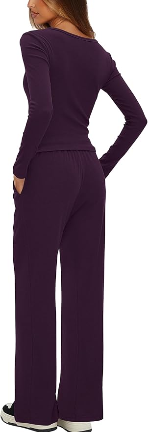 Darong Womens 2 Piece Matching Lounge Sets 2026 Long Sleeve Henley Shirts Wide Leg Pants Airport Travel Outfits