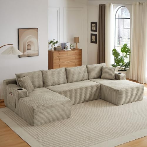 134" Modular Cloud Sectional Sleeper Sofa Couch for Living Room, U Shaped 6 Seat Sofa with 2 Storage Pockets, 2 Pillows & 2 Cup Holders, No Assembly Required (Camel)