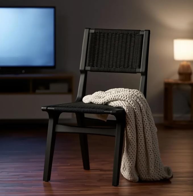 Modern Woven Dining Chair, Black Wood Frame, Armless Accent Chair with Comfortable Seat & Back, No Assembly Required, for Dining Room, Kitchen, Breakfast Nook, 20 x 18 x 35 Inches