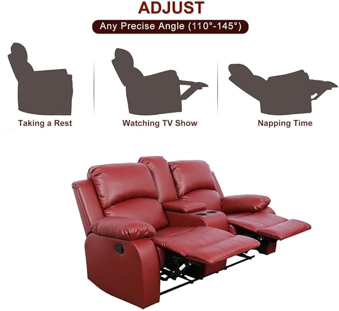 AYCP Bonded Leather Reclining Sofa Set, Loveseat with Storage, Red, Manual Recline, Living Room