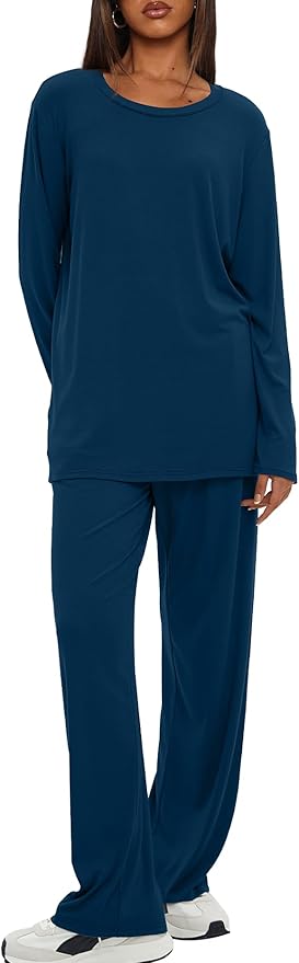 Darong Women's 2 Piece Lounge Set Casual Long Sleeve Crew Neck Tops Wide Leg Pants Travel Airport Outfit Matching Sets
