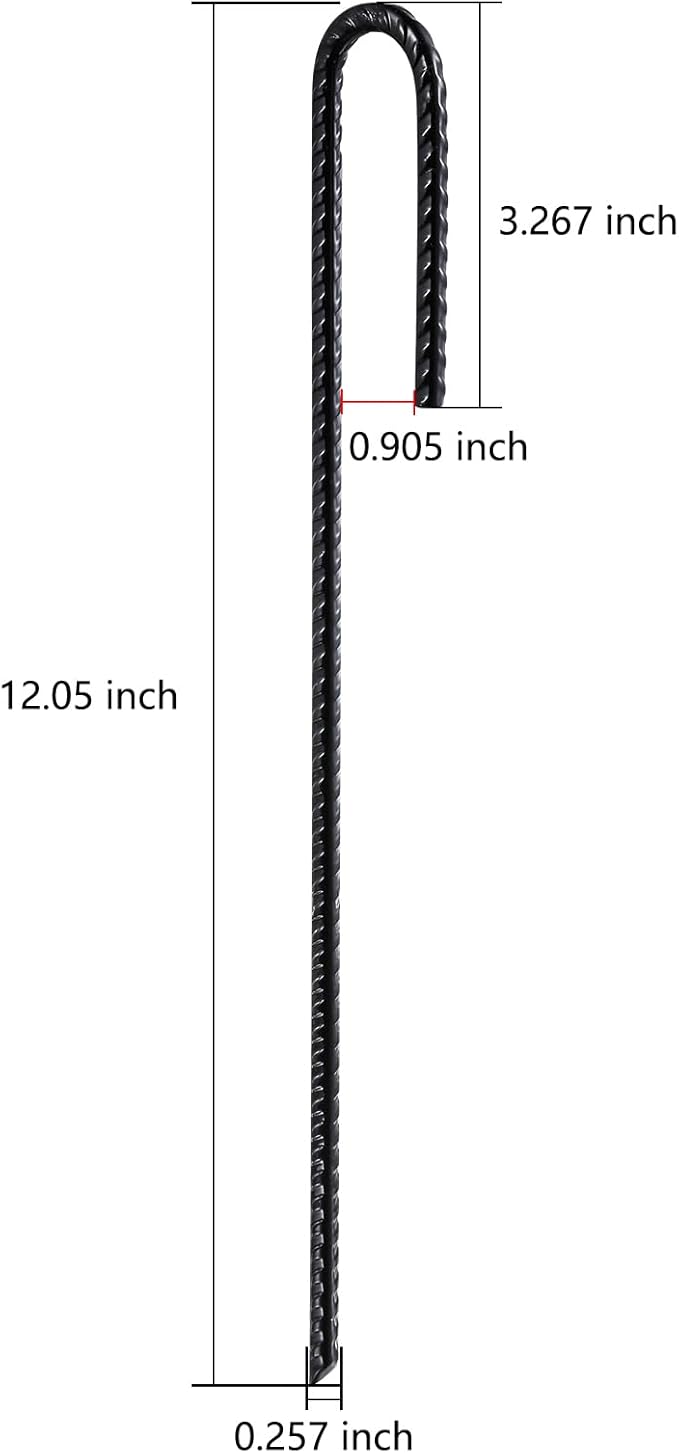 Wensilon Rebar U/J Hook Extra Heavy Duty, 12 inch x 1/4 inch Rust Proof Coated Steel Ground Anchors for Garden, Tent, Trampoline (50pcs, J-Hook)
