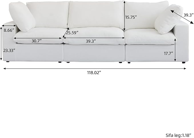 3 Seater Cloud Sectional Couch, White Modular Sectional Sofa, Modern Comfy Sofa, Covers Removable, Convertible Sleeper Couch for Living Room Apartment (Linen Fabric)