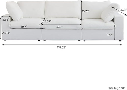 3 Seater Cloud Sectional Couch, White Modular Sectional Sofa, Modern Comfy Sofa, Covers Removable, Convertible Sleeper Couch for Living Room Apartment (Linen Fabric)