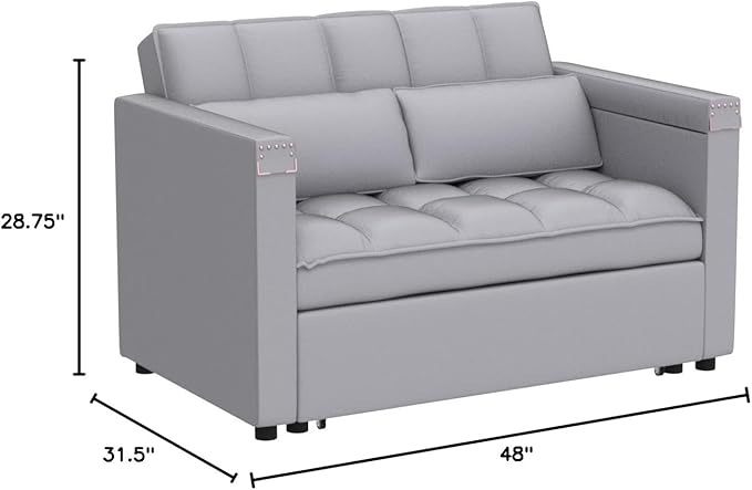 ORRD Convertible Sofa Bed,3-in-1 Multi-Functional Velvet Sleeper Couch Pull-Out 48'' Loveseat Bed Chaise Lounge with Adjustable Backrest and Pillows,Hidden Side Table for Living Room,Small Space Grey