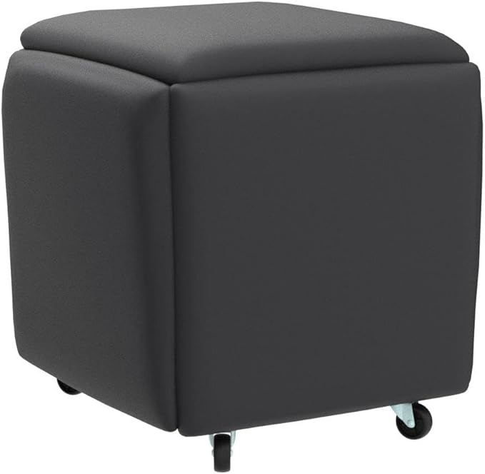 5 in 1 Nesting Ottoman Cube Chair, Stackable Stools, Leather Square Ottoman Bench, Foot Stool with Wheels for Living Room,Dining Room 15.75x15.75x16.54 inches