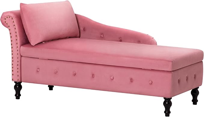 ACMEASE Upholstered Velvet Chaise Lounge with Left Armrest & Storage Space,Button Tufted Lounge Chair w/Lumbar Pillow,Modern Lounge Chair for Bedroom, Living Room and Office,Pink