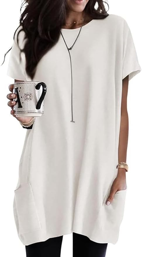 Poetsky Summer Womens Tunic Tops for Leggings with Pockets Short Sleeve Casual Long T Shirts S-3XL