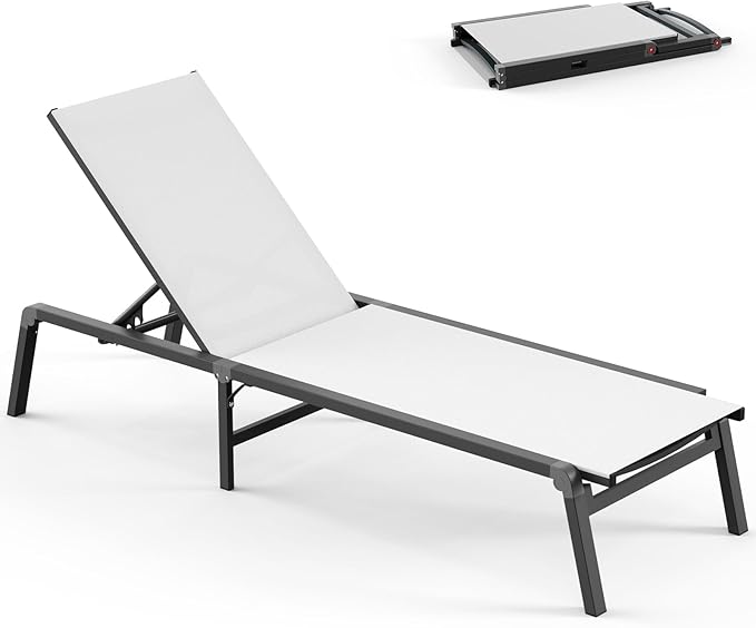 Foldable Pool Lounge Chairs, Aluminum Chaise Lounge Outdoor with 5 Positions Recliner - Free Assembly - Patio Lounge Chair for Poolside, Beach (White)