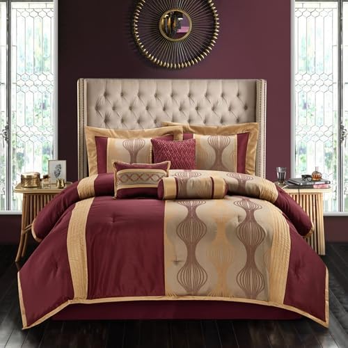 Grand Avenue Elegant Wine Gold 7 Pieces Lightweight Microfiber Bed-in-a-Bag Comforter Bedding Set All Season, Striped, Jacquard Queen Comforter Set, All Season Bedroom Home Décor