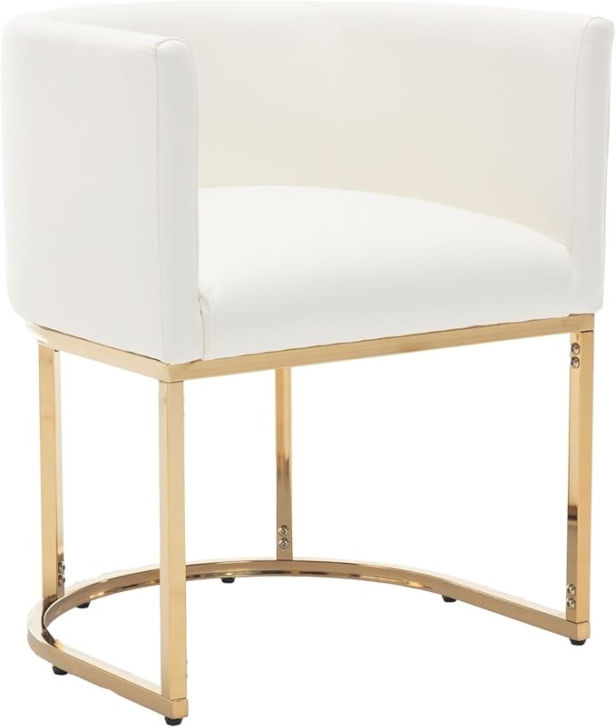 VESCASA Faux Leather Upholstered Dining Chair with Barrel Back, Modern Padded Restaurant Chair with Gold Metal Frame for Kitchen, Dining Room, 1 Piece, White