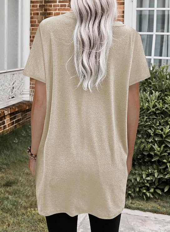 Poetsky Summer Womens Tunic Tops for Leggings with Pockets Short Sleeve Casual Long T Shirts S-3XL