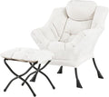 Welnow Lazy Chair with Ottoman, Modern Reading Lounge Accent Chair with Armrests and a Side Pocket, Leisure Upholstered Lazy Sofa Set with Footrest for Small Space, Beige