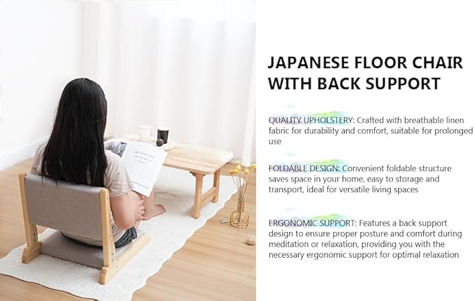 Japanese Floor Chair with Back Support, Foldable Meditation Chair, Legless Tatami Chair with Cushion, Floor Seat for Living Room, Bedroom, Bay Window (2, Gray)