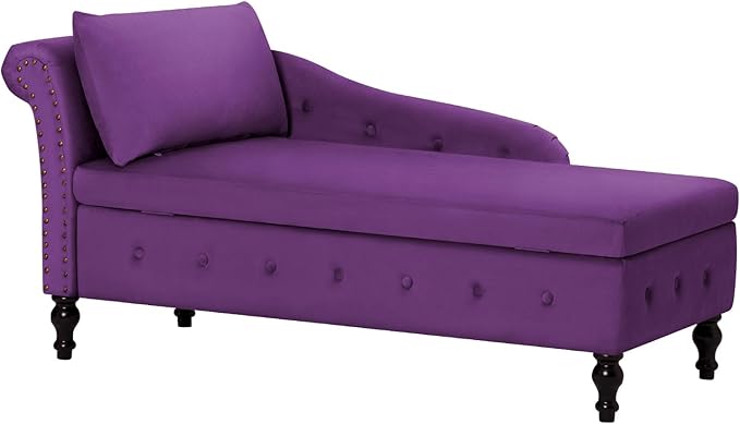 ACMEASE Velvet Chaise Lounge with Left Armrest & Storage Space,Button Tufted Lounge Chair w/Lumbar Pillow,Modern Upholstered Lounge Chair for Bedroom, Living Room and Office,Purpel
