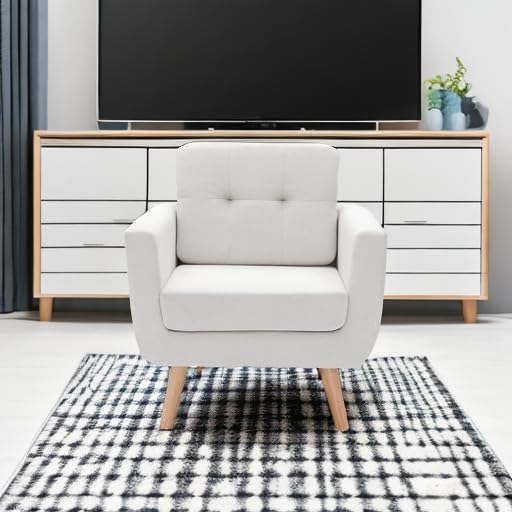 Tbfit Linen Fabric Single Sofa, Accent Chair, Mid Century Modern Armchair for Living Room, Bedroom Button Tufted Upholstered Comfy Reading Sofas, Beige | linen fabric, button tufted, solid wood foot, pocket spring, wood slats frame