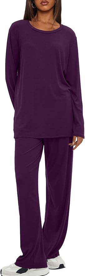 Darong Women's 2 Piece Lounge Set Casual Long Sleeve Crew Neck Tops Wide Leg Pants Travel Airport Outfit Matching Sets