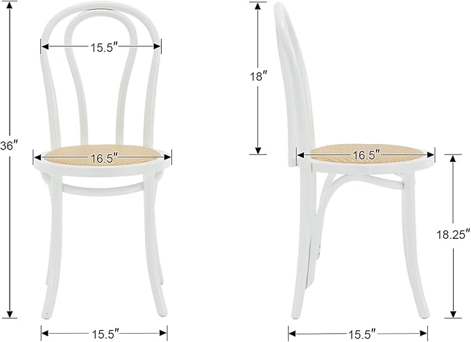 DM Furniture Rattan Dining Chairs Set of 2 Mid-Century French Bistro Chairs Solid Bentwood Wedding/Cafe Chairs with Backrest for Dining/Kitchen Room No Assembly Required, Home, White