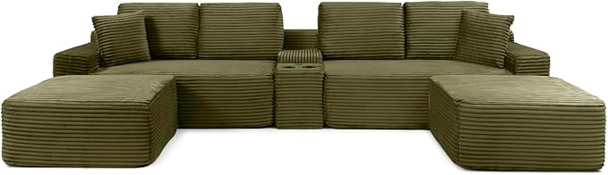 150" Oversized Modular Sectional Sofa, Deep Seat Cloud L-Shape Corduroy Couch with Cup Holders, USB Ports, Wireless Charging & Storage Box, Upholstered Modular Sleeper Sofa for Living Room (Green)