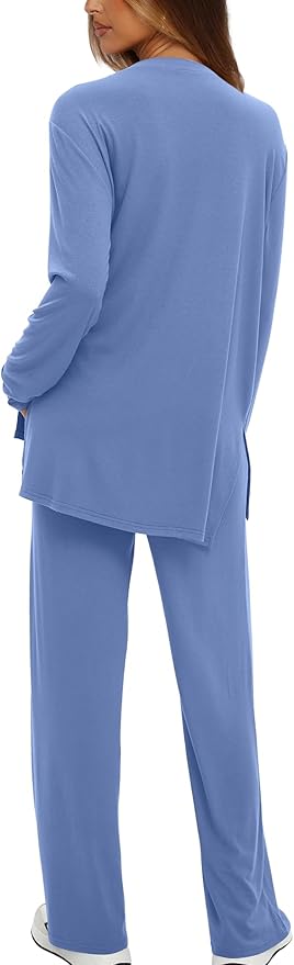 Darong Women's 2 Piece Lounge Set Casual Long Sleeve Crew Neck Tops Wide Leg Pants Travel Airport Outfit Matching Sets